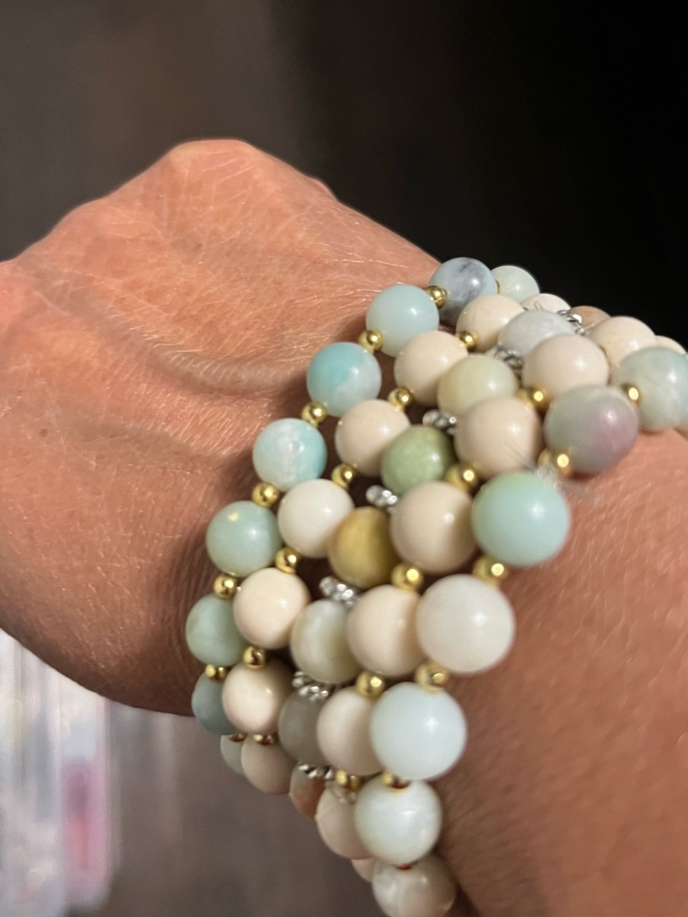 Beaded Stretch Bracelet Stack in Pastel Mint and Cream